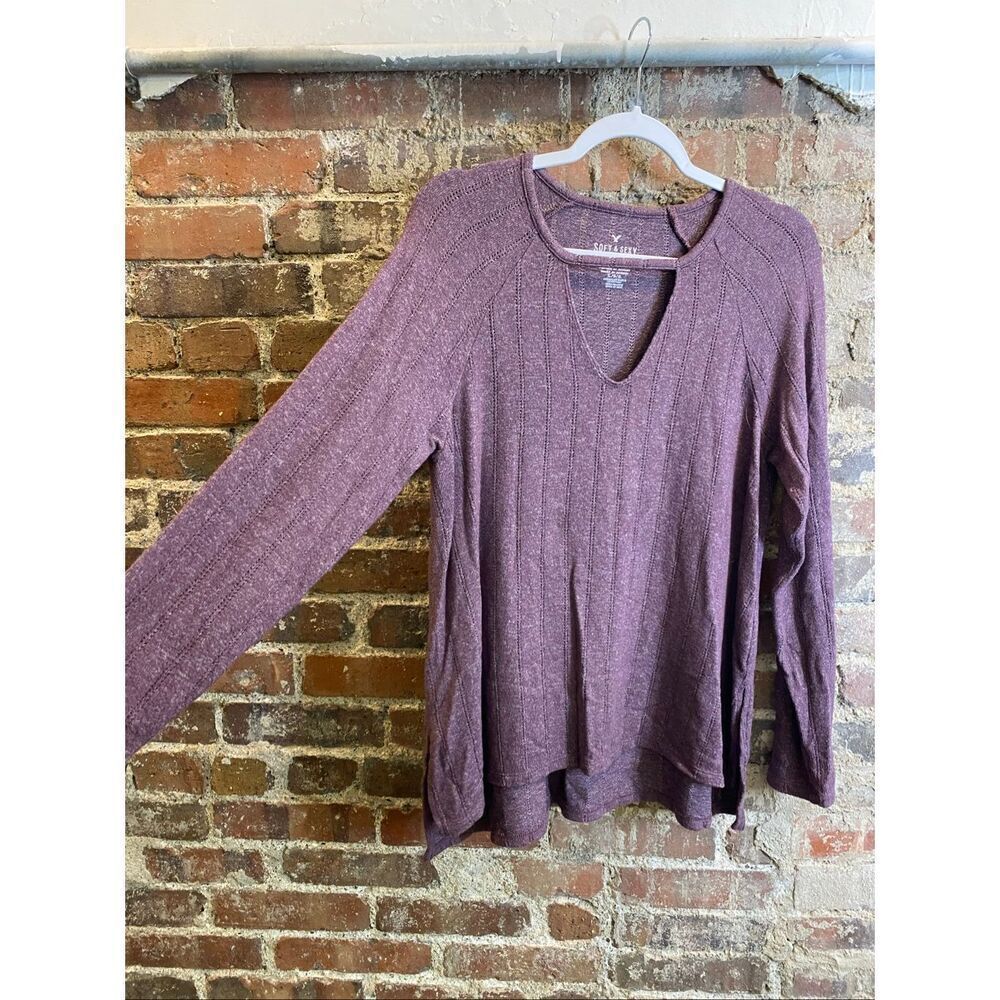 AMERICAN EAGLE • Soft & Sexy Plush • Purple Long Sleeve Ribbed V-neck Shirt • La